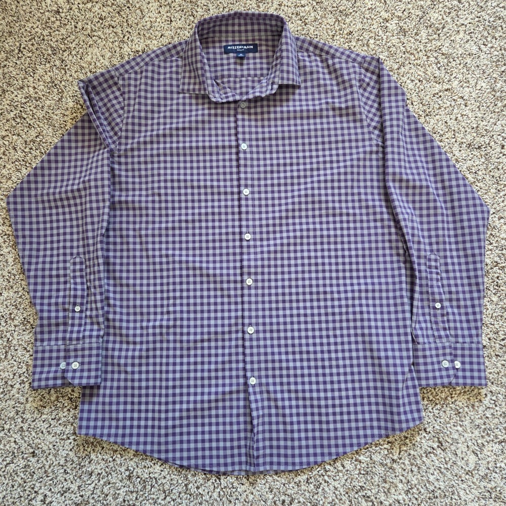 Mizzen+Main LEEWARD Button Down Shirt Men XL Purple Gingham Classic Performance